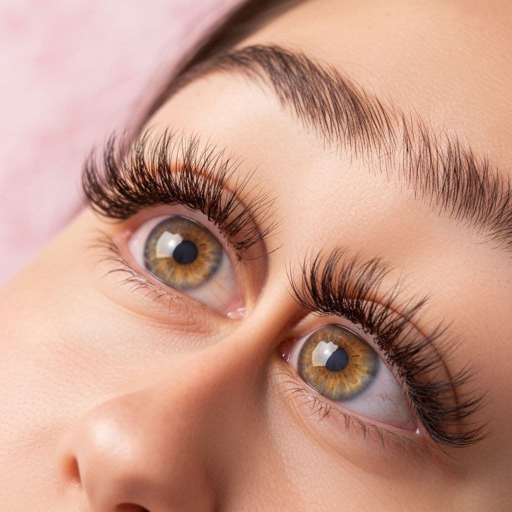 Close-up of natural lashes lifted and curled with a Korean lash lift and tint
