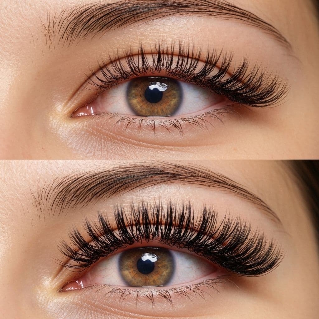 Before and after comparison of a Korean lash lift
