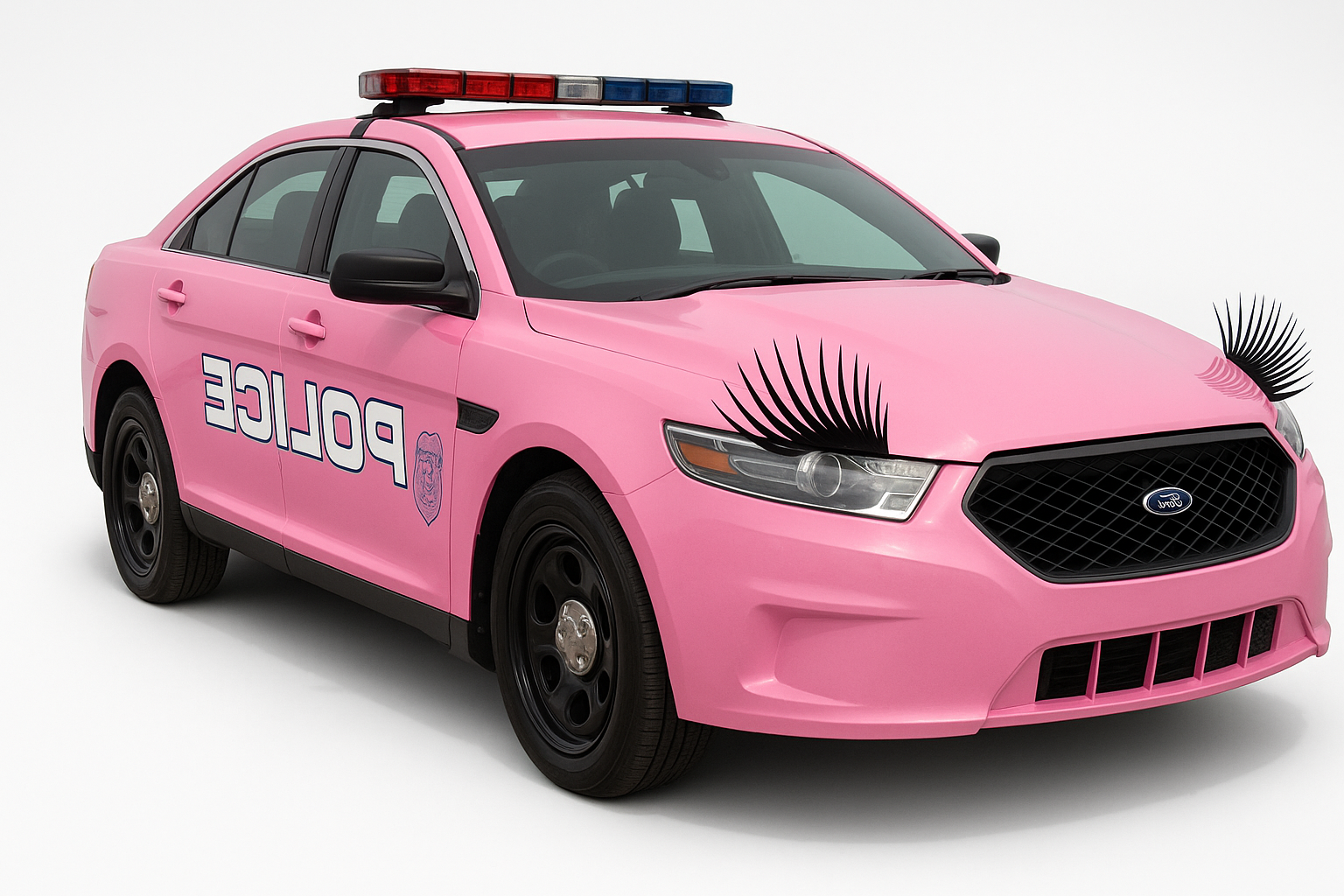 Pink police car with eyelashes